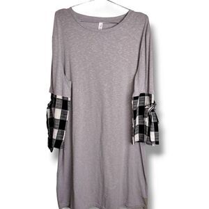 I LOVE Womens T-shirt‎ Dress Size 3XL Grey Knit Long Sleeves BW Plaid Bows